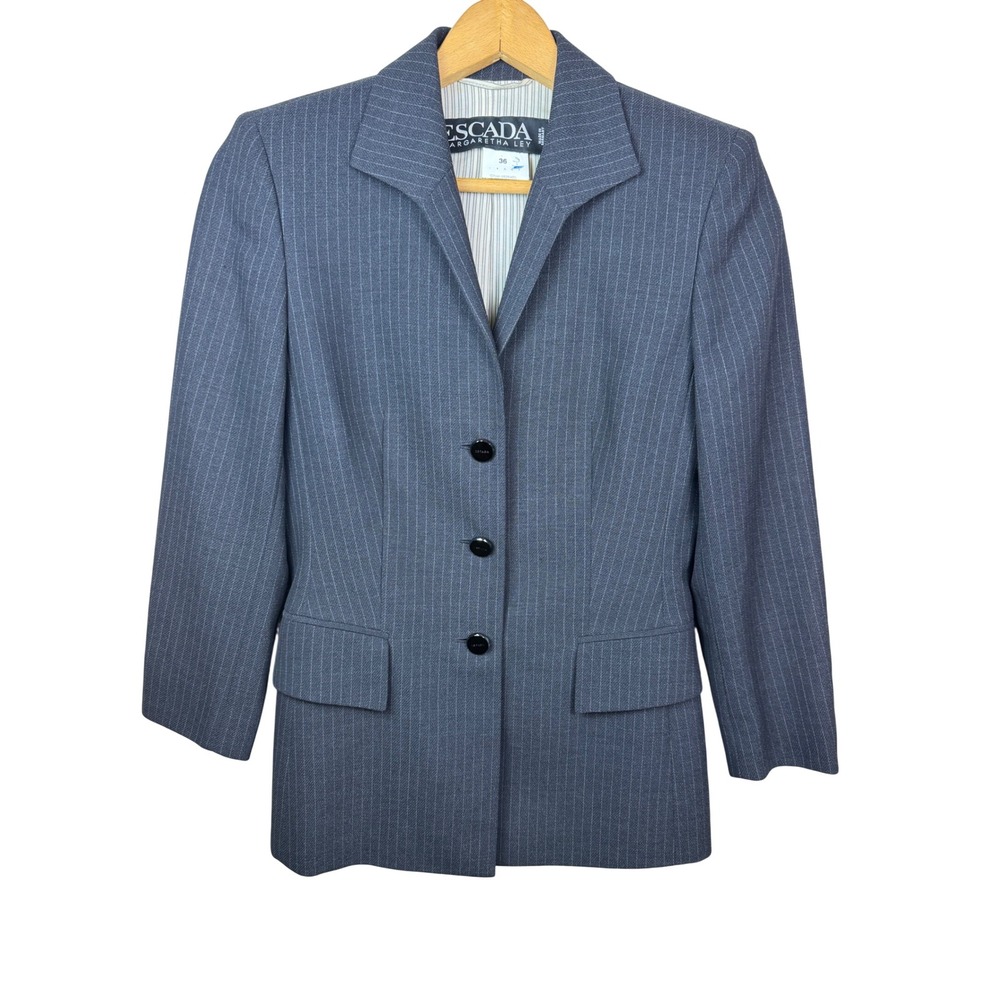 Escada Margaretha Ley Blazer Women 36 Gray Pinstripe Virgin Wool 3-Button Jacket